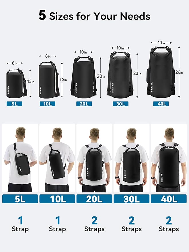 HEETA Waterproof Dry Bag for Women Men(Upgraded Version) 5L/10L/20L/30L/40L Roll Top Lightweight Dry Storage Bag Backpack with Emergency Whistle for Travel, Swimming, Boating, Kayaking, Camping, Beach-StrideForce Fitness