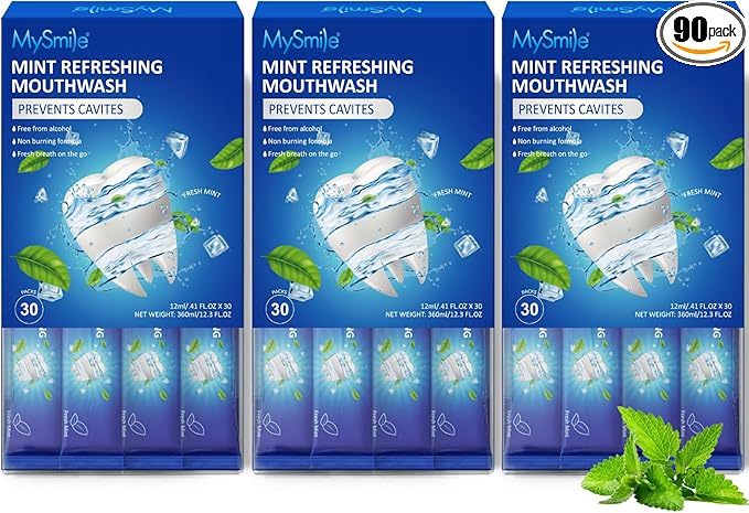 MySmile Mouthwash Alcohol Free, Mouth Wash for Adults, Travel Mouthwash Helps Kill 99% of Bad Breath Germs, Prevents Cavities, Fluoride Free, Fresh Mint, 30 Uses (0.41 Fl Oz (Pack of 90))
