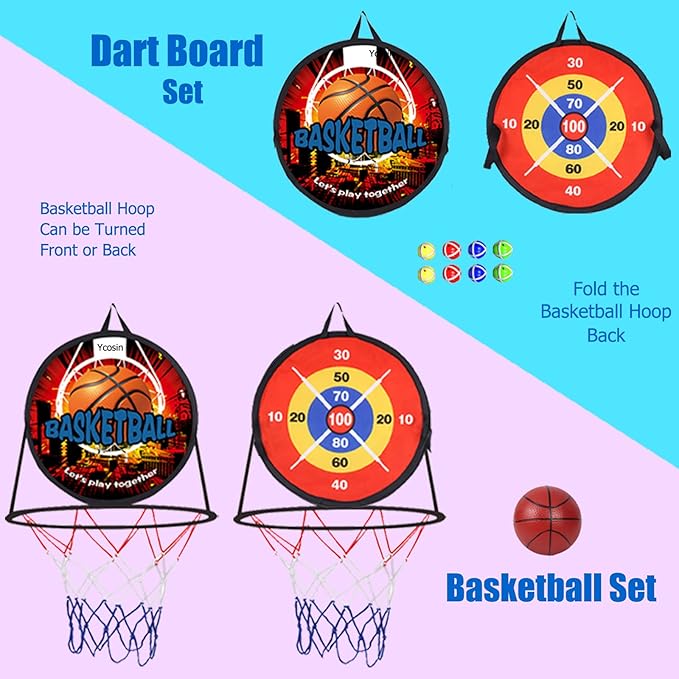 2 in 1 Basketball Hoop and Dart Board, 14" Dart Board for Kids, Basketball Hoop for Kids Toddlers, Sports & Outdoor Play, Birthday Gift Toys for 3 4 5 6 7 8 9 10 Year Old Boys Girls Kids, Party Favors-StrideForce Fitness