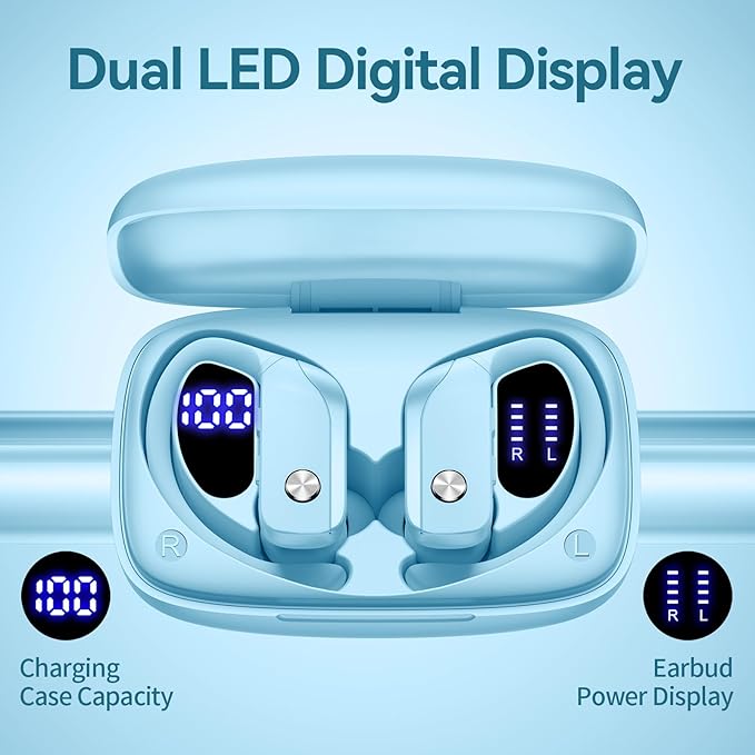 bmani Ear Buds Wireless Earbuds Bluetooth Headphones with 80H Playtime LED Display Case, Over-Ear Hook with Mic, Stereo Sound, Easy Button Controls, Sports Earphones for Running Workout Sky Blue-StrideForce Fitness
