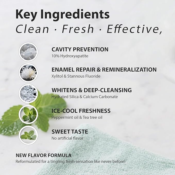 Hydroxyapatite Toothpaste for Adults – Fluoride Anticavity, Teeth Whitening, Enamel Repair & Remineralization, SLS Free, Xylitol for Cavity Protection, Tartar Remover, Fresh Mint 3.52 OZ