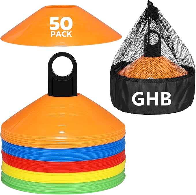 GHB Soccer Cones 25/50/100 Pack Disc Soccer Sport Cones Training Field Marker Agility Cones for Traffic, Basketball, Coaching, Practice Equipment Includes Cone Drills Guide-StrideForce Fitness