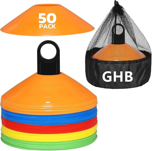 GHB Soccer Cones 25/50/100 Pack Disc Soccer Sport Cones Training Field Marker Agility Cones for Traffic, Basketball, Coaching, Practice Equipment Includes Cone Drills Guide-StrideForce Fitness