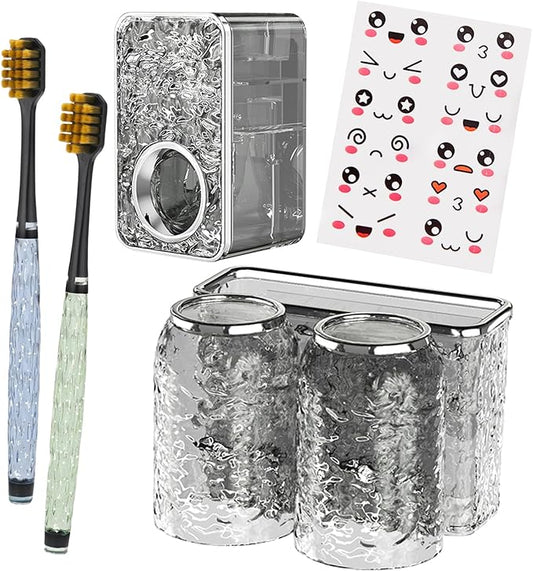 Toothbrush Holders Combo Set for Bathroom，2 Cups Toothbrush Holder Wall Mounted with Organizer，Gift 2 Count Ultra Fine Soft Bristle Crystal Tooth Brush and Wall Mounted Toothpaste Squeezer