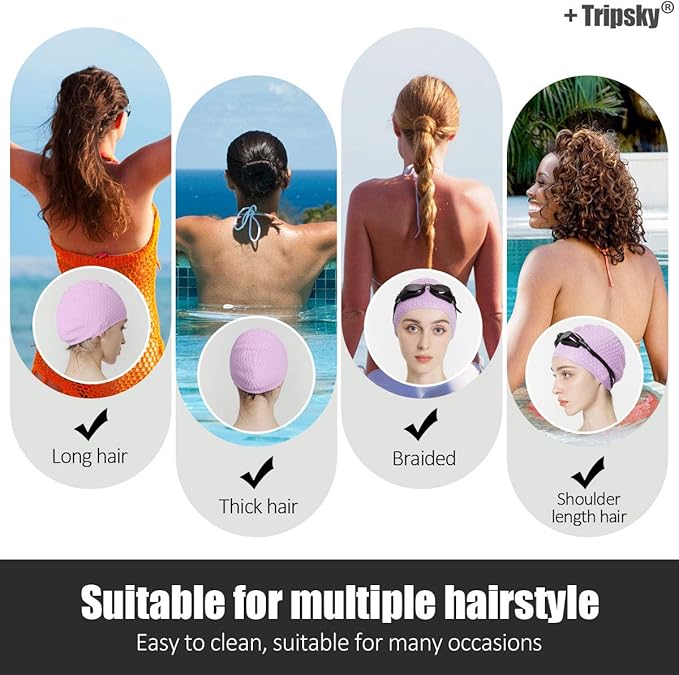 Tripsky Silicone Swim Cap,Comfortable Bathing Cap Ideal for Curly Short Medium Long Hair, Swimming Cap for Women and Men, Shower Caps Keep Hairstyle Unchanged…-StrideForce Fitness