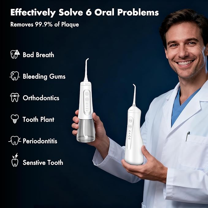 Dygoophy® 2-Pack Cordless Water Flosser Set – Rechargeable Portable Oral Irrigator, IPX7 Waterproof Flosser, 4 Modes, Long Battery Life, for Braces & Sensitive Gums (300ml, White)