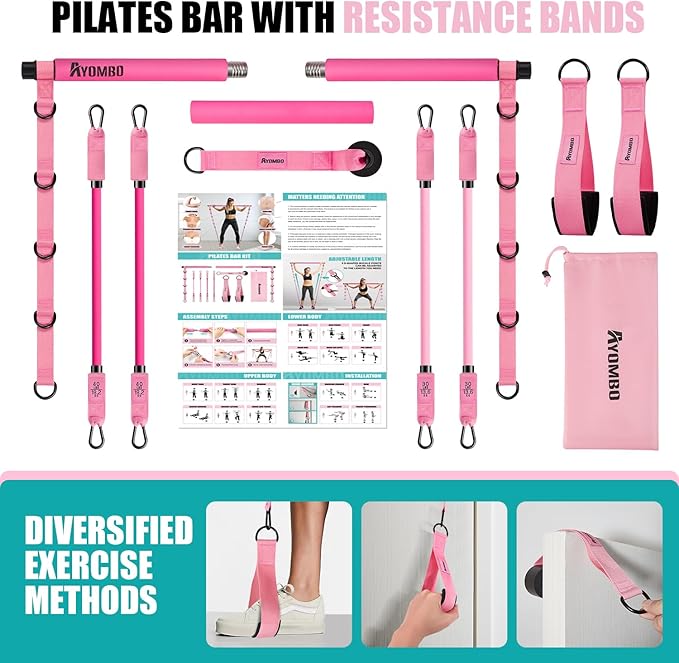 Pilates Bar Kit With Resistance Bands, Workout Equipment for Legs, Hip, Waist, Arm, Squats Exercise Equipment for Home Workouts, Adjustable 3-Section Bar Kit for Women & Men