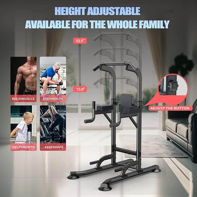 Power Tower Adjustable Height Pull Up & Dip Station Multi-Function Home Strength Training Fitness Workout Station for Home Gym-StrideForce Fitness