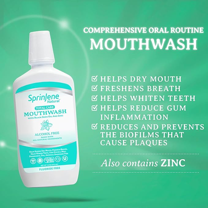 SprinJene Alcohol Free Mouthwash with Xylitol – Fluoride Free Natural Mouthwash for Dry Mouth, Whitening & Fresh Breath – Patented Black Seed Oil & Zinc Formula – Vegan & Made in The USA (1 Pack)