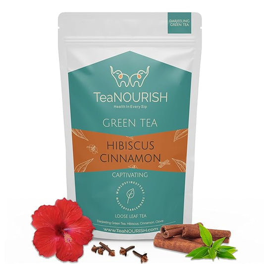 TeaNOURISH Hibiscus Cinnamon Green Tea | Darjeeling Loose Leaf | 100% Natural Hibiscus Flower, Cinnamon & Clove | Delicious & Refreshing | Brew Hot or Iced Tea - 3.53oz/100g