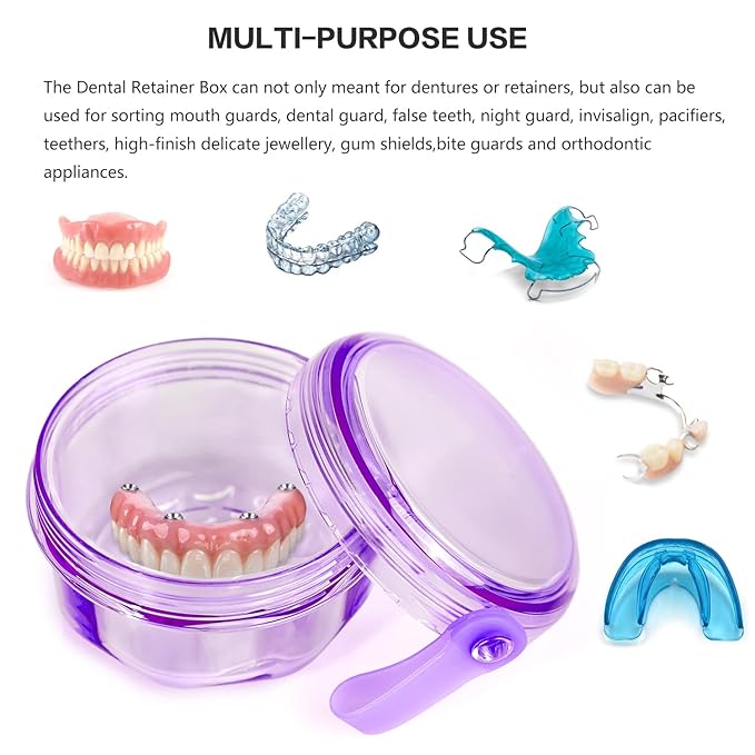 Leak Proof Purple Denture Cups for Soaking Dentures, Partial Denture Bath Case Travel Retainer Cleaning Container Case with Brush for Aligner, Denture, Mouth Guard