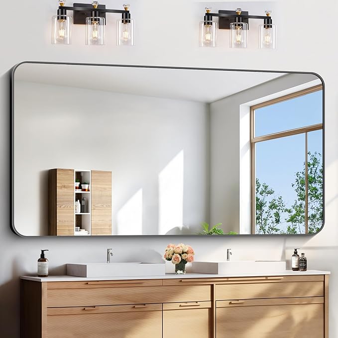 FORBATH Large Bathroom Mirror 72x36 Inches, Black Oversized Wall Mirror for 2 Sinks Aluminum Frame Full Length Rounded Corner Morndern Mirror for Bathroom Bedroom Entryway Living Room-StrideForce Fitness
