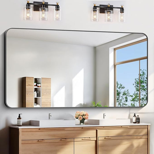FORBATH Large Bathroom Mirror 72x36 Inches, Black Oversized Wall Mirror for 2 Sinks Aluminum Frame Full Length Rounded Corner Morndern Mirror for Bathroom Bedroom Entryway Living Room-StrideForce Fitness