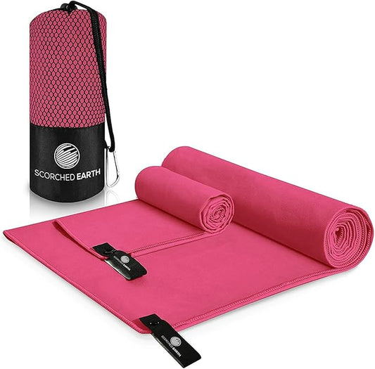 ScorchedEarth Microfiber Travel & Sports Towel Set - Quick Dry, Super Absorbent, Compact, Lightweight - for Camping, Backpacking, Hiking, Beach, Yoga, Swimming - Includes 2 Sizes + Carrying Bag & Clip-StrideForce Fitness
