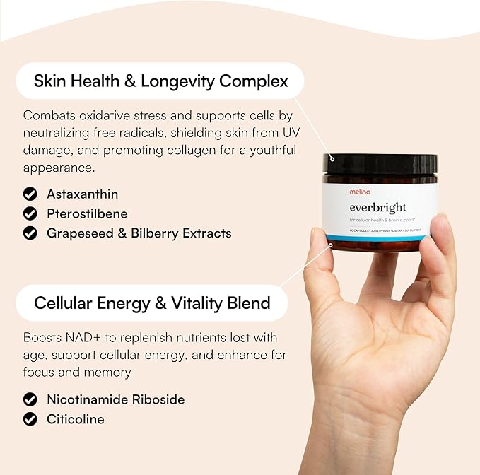 Melina Everbright NAD+ Supplement for Women's Energy & Longevity - Nicotinamide Riboside (NR), Pterostilbene, Citicoline, Astaxanthin - Anti-Aging, Focus, and Skin - 3rd Party Tested - 30 Servings-StrideForce Fitness