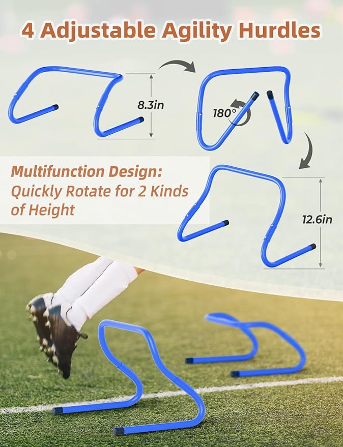 GHB Agility Ladder,Football Training Equipment Set,4 Agility Hurdles, 20 feet12 Rungs Speed Ladder,12 Disc Cones,Resistance Parachute, Jump Rope, 5 Resistance Bands-StrideForce Fitness