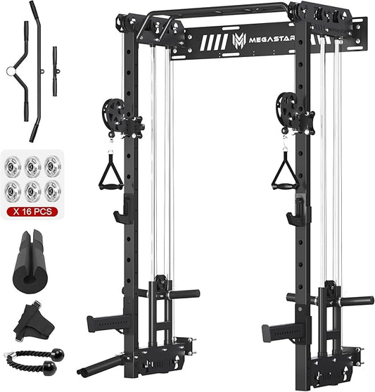 Wall Mounted Power Rack – 1600LB Capacity Compact Commercial Home Gym with Dual Cable Crossover, LAT Pulldown, Multi-Grip Pull-Up Bar & Landmine Attachment for Small Spaces, P67 Striker Red-StrideForce Fitness