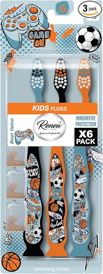 Kids Toothbrush with Travel Caps, Extra Soft Bristles, Dinosaur Theme, Manual, Ages 3-10, Pack of 3 (Game On, 1 Pack)