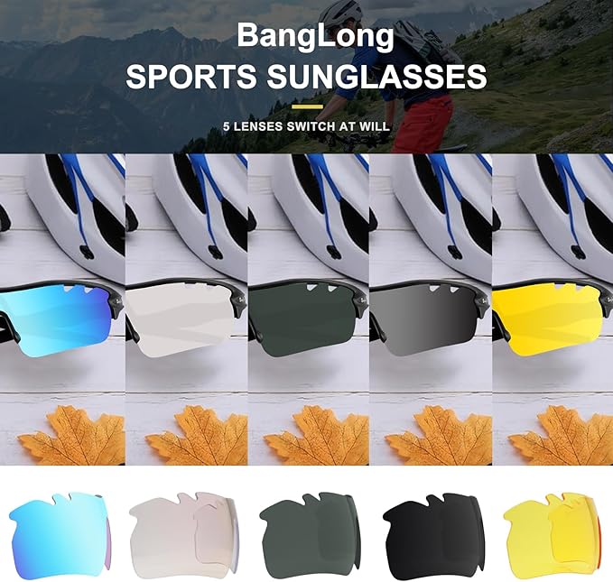 BangLong Polarized Sports Sunglasses Cycling Sun Glasses for Men Women with 5 Interchangeable Lenes for Running Baseball Golf-StrideForce Fitness
