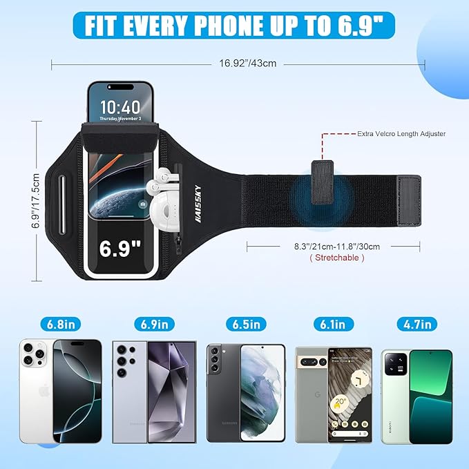 Running Phone Armband with Earphone Holder - 3D Design Cell Phone Armband for iPhone 15/14/13 Pro/Plus & Galaxy S20/S10, Water Resistant Sports Phone Holder with Key Slot for 6.9" Device-StrideForce Fitness