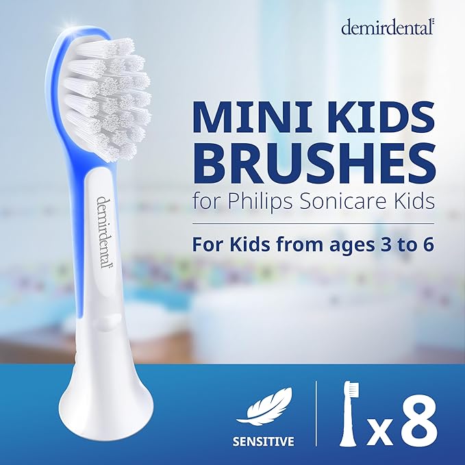 demirdental Kids Mini Toothbrush Heads Compatible with Philips Sonicare Compact Kids Toothbrush Heads - Replacement Heads Sensitive - Brush Heads from Ages 3 to 6 - Dark Blue - Replaces HX6038-8 Pack