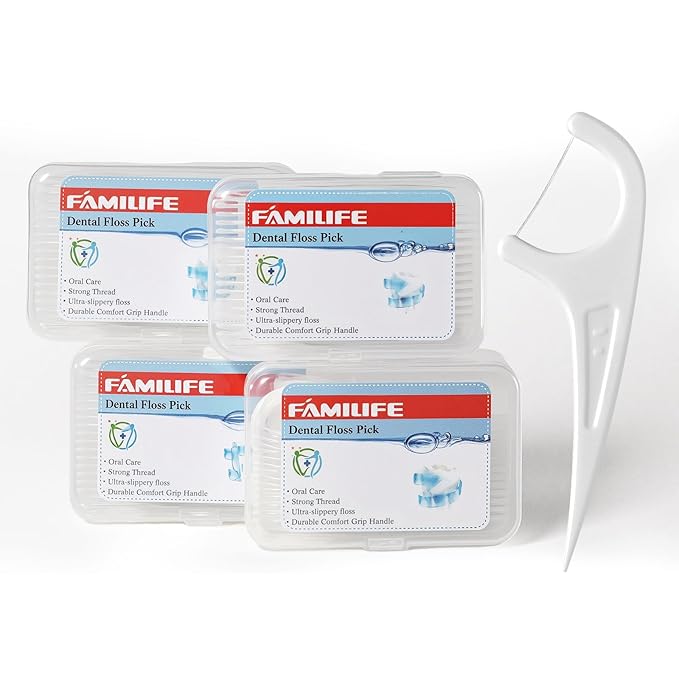 FAMILIFE Floss Picks, 240 Count Unflavored Dental Floss Cleaner, Tooth Picks Flossers with 4 Travel Handy Cases, Helps to Fight Tooth Decay and Keep Your Teeth Clean,Flossing Sticks for Family