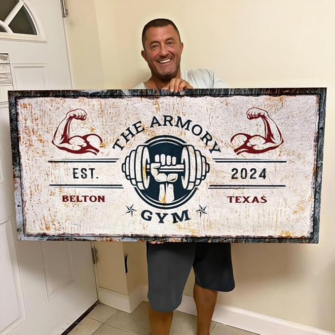 Tailored Canvases Personalized Gym Sign Wall Art Decor - Motivational Canvas for Home Gym, Workout Room, Garage, Fitness Center - Workout Inspirational Posters - One Hand with Dumbbell on Rustic, 60x30in-StrideForce Fitness