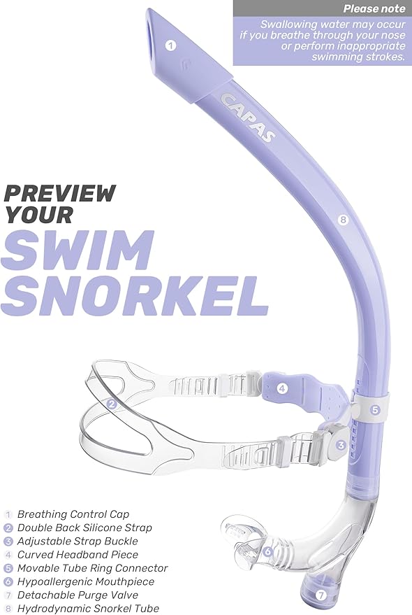 CAPAS Training Swim Snorkel for Lap Swimming, Swivel Headband Ultimate Fit Center-Mount Swimmers Snorkel with Liquid Silicone Mouthpiece Adjustable Strap, Designed for Adult Men Women-StrideForce Fitness