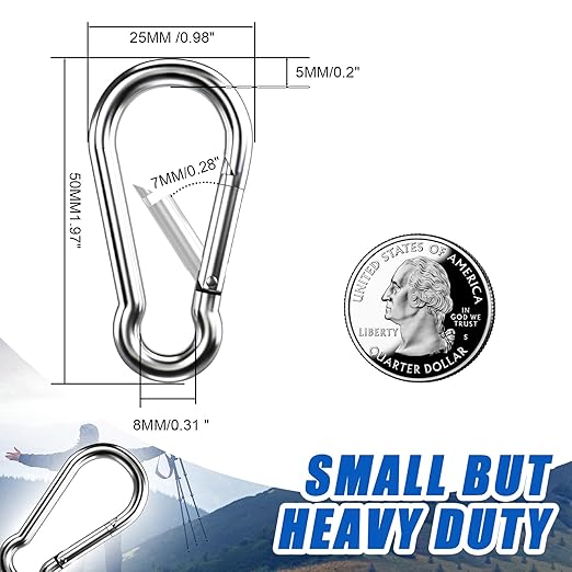 Small Carabiner Clip Hooks, 15pcs 1.97 inch Carabiners Heavy Duty, 304 Stainless Steel Spring Snap Hook Fits Camping Hiking, Metal Clips for Rope Chain Keys Rings-StrideForce Fitness