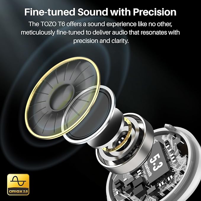TOZO T6 Wireless Earbuds, IPX8 Waterproof Ear Buds, Stereo Bass Sound Bluetooth 5.3 Headphones in Ear, 50 Hours Playtime Earphones, Wireless Charging Case, Custom 32 EQ via APP-StrideForce Fitness