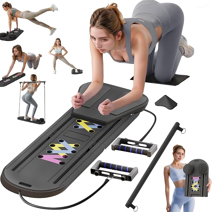 Pilates Reformer Board, 6 in 1 Portable & Foldable Pilates Reformer Set with Resistance Bands, Pilates Board for Home Workout, Multifunctional Abdominal Board-StrideForce Fitness