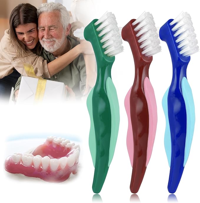 3 Pcs Hard Denture Brush, 3 Colors Premium Hygiene Denture Cleaning Brush for Denture Care, Double Sided Toothbrush with Multi-Layered Bristles & Rubber Anti-Slip Handle