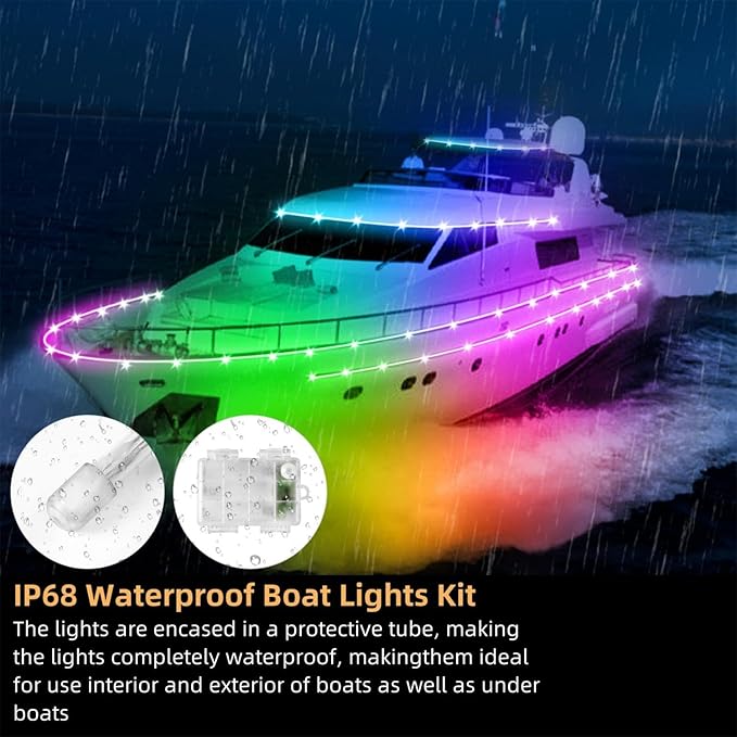 Kayak Paddle Board Lights Kit, IP68 Waterproof Dream Color SUP Glow Lights with Remote, Battery Powered Kayak Lighting for Night Kayaking SUP Canoes, Marine Boat Pontoon Light (22FT)-StrideForce Fitness