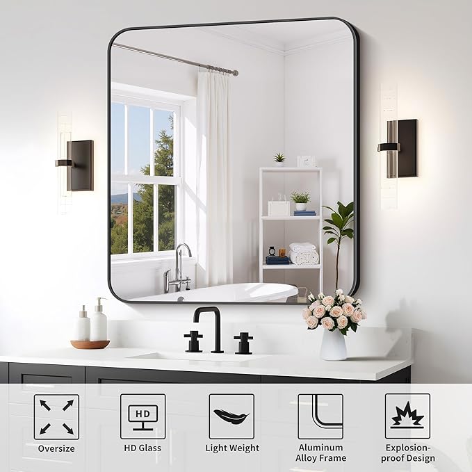 FORBATH Bathroom Mirror 36x40 Inch, Large Rectangular Wall Mirror with Black Aluminum Frame, Rounded Corners, Horizontal or Vertical Mount for Bathroom, Bedroom, Entryway-StrideForce Fitness