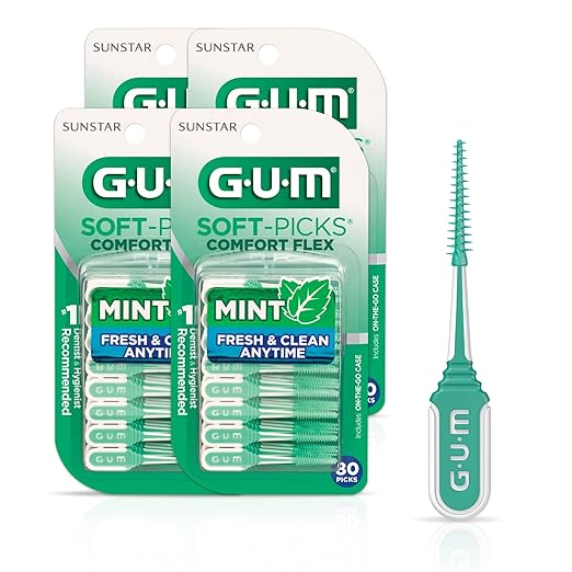 GUM Soft-Picks Comfort Flex, Mint, Easy to Use Dental Picks for Teeth Cleaning Health, Disposable Interdental Brushes with Convenient Carry Case, Dentist Recommended, 80 Count (Pack of 4)