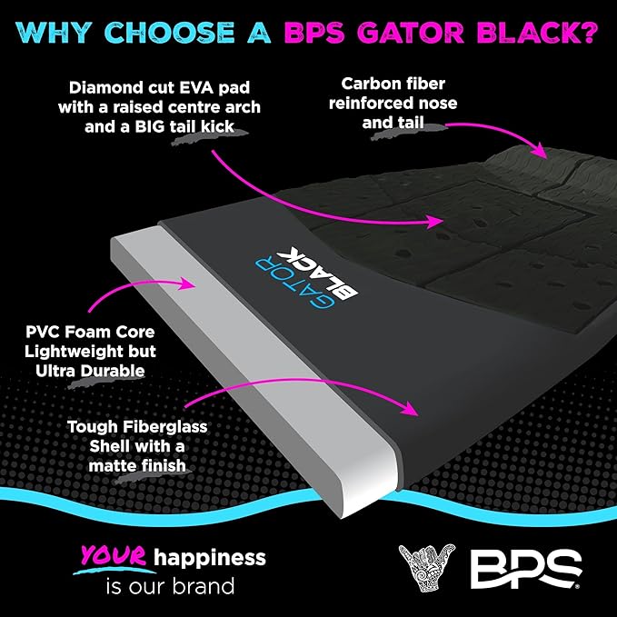 BPS New Zealand ‘Gator Black’ Fiberglass Skimboard with Padded Carry Bag Made from Recycled Plastics Performance Skimboard with Custom Traction Pads for Kids Adults Choose from 3 Sizes-StrideForce Fitness