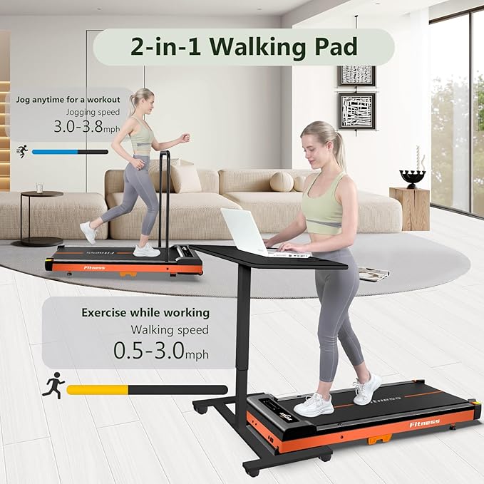 Walking Pad, Under Desk Treadmill for Home, Portable Treadmill 300 lbs Capacity (Orange-Handrail New)-StrideForce Fitness