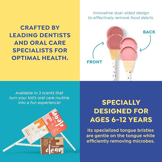 SuperMouth® Double Scoop Kids Tongue Scraper – Dual-Sided Brush & Scraper Removes Odor-Causing Buildup, Fights Bad Breath, Easy-Grip Ice Cream Design, 3 Yummy Scents, Ages 6-12, Essential Oral Care