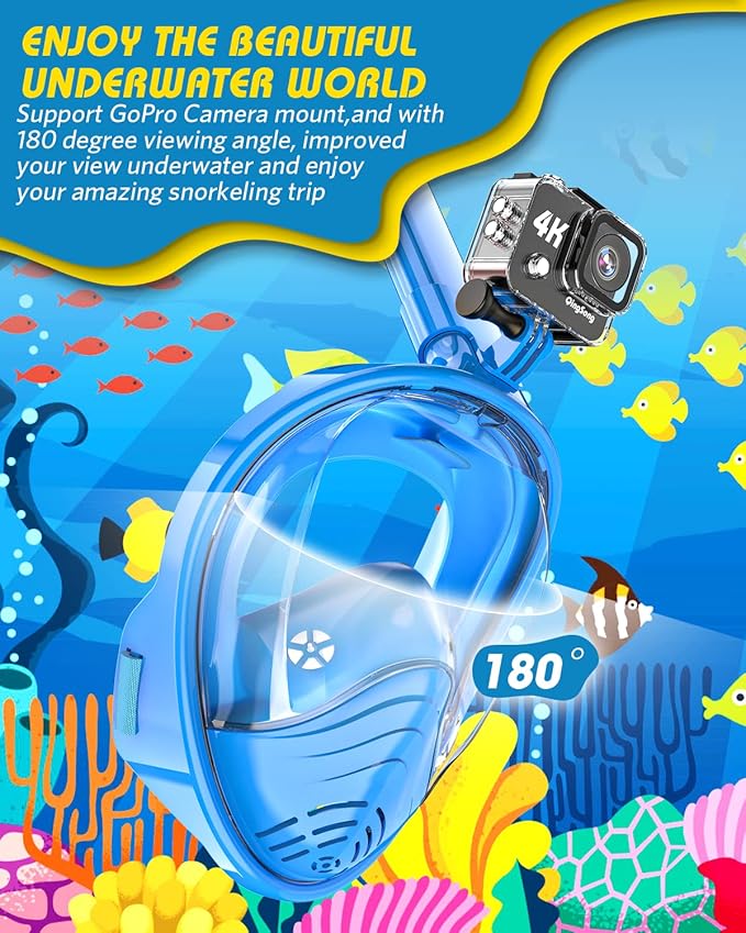 QingSong Kids Snorkel Mask Full Face, Snorkeling Set with Camera Mount, Foldable 180 Degree Panoramic View Snorkeling Gear Anti-Fog Anti-Leak-StrideForce Fitness