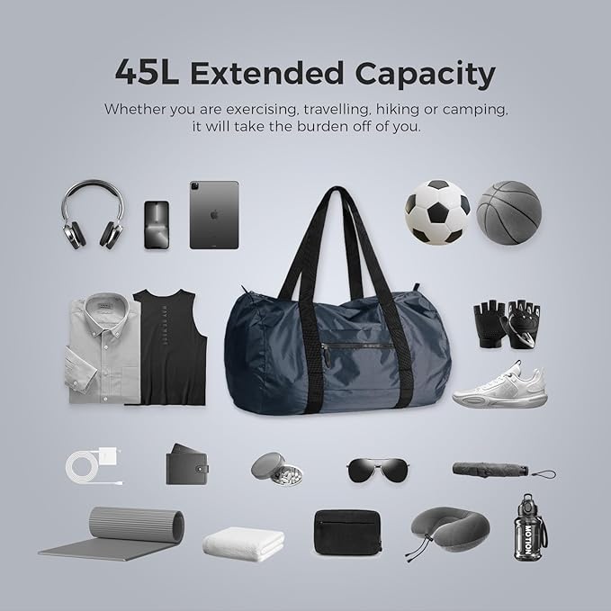 pack all 45L Foldable Duffel Bag, Water-Resistant Sports Gym Bag, Portable Weekender Bag Lightweight for Travel, Fitness and Camping (Navy Blue)-StrideForce Fitness