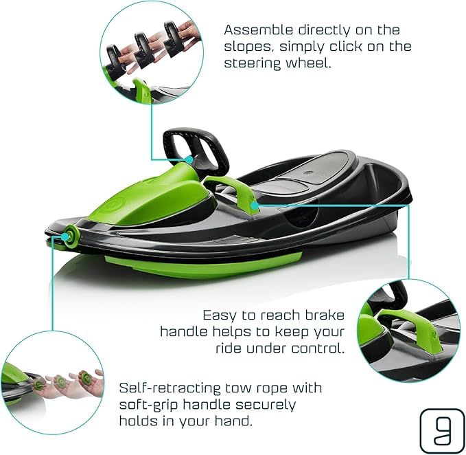 Snow Sled for Kids, Adults - Toboggan Sled, Easy Turning Steering Wheel, Anti-Slip Seat, Pull Up Brake, Durable Plastic Sled, Lightweight, Snow Sleds, Age 3+ 260 lbs-StrideForce Fitness