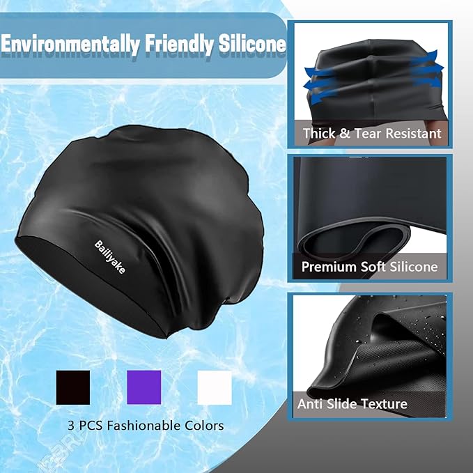 3 Pack Extra Large Swim Cap for Braids & Dreadlocks - Waterproof Silicone Swim Hat for Women with Long Thick Hair, Protective Swim Cap Cover Ears for Swimming, Shower, Bathing-StrideForce Fitness