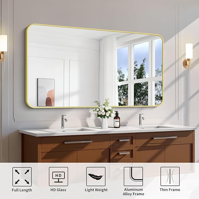 FORBATH 30x55 Inch Gold Bathroom Mirror for Over Sink, Large Rectangular Wall Mirror with Metal Frame, Rounded Corners for Bathroom, Bedroom, Entryway Decor (Horizontal or Vertical)-StrideForce Fitness