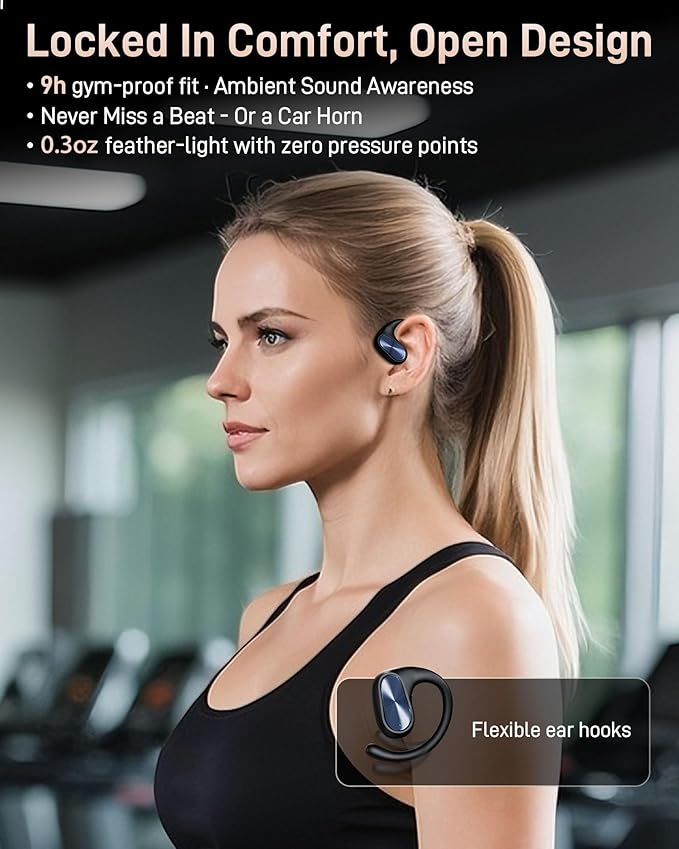 Open Ear Headphones, Bluetooth Wireless Open Ear Earbuds (0.3oz Lightweight) with 15mm Drivers, 45H Playtime, IPX5 for Sports, Fitness, Cycling, Running, Travel, Driving-StrideForce Fitness