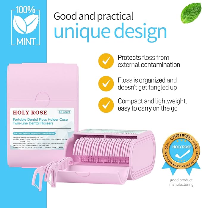 Holy Rose Pink Dental Floss Picks, 2 Packs Travel Cases with Twin Line Flosser 104 Count, Mint, Flossers Sticks Toothpicks is an Oral Care Tool for Clean and Fresh Teeth.