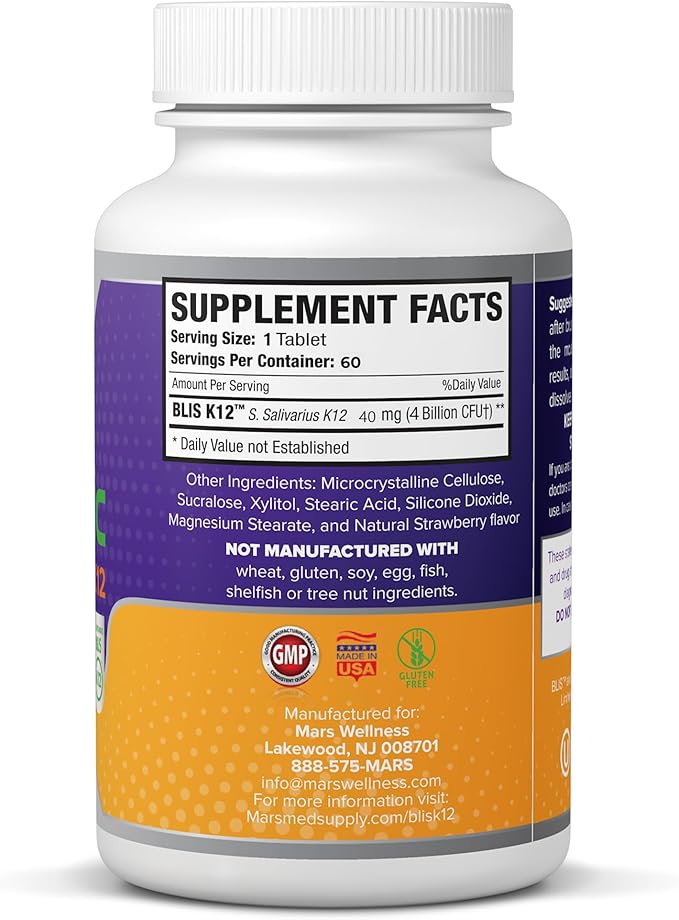 Oral Probiotic Supplement with BLIS K12 4 Billion CFU - Now Dairy Free 60 Day Supply Bottle for Bad Breath, Strep, Cavities, Gum Oral and Dental Health - Sugar Free - USA Made - 60 Count