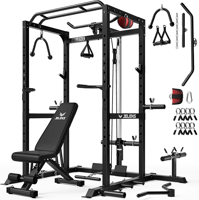 S21 Power Cage, Multi-Function Power Rack with Adjustable Cable Crossover System, 2000LBS Squat Rack for Home Gym with More Training Attachments-StrideForce Fitness