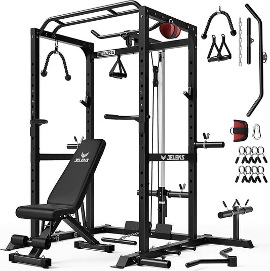 S21 Power Cage, Multi-Function Power Rack with Adjustable Cable Crossover System, 2000LBS Squat Rack for Home Gym with More Training Attachments-StrideForce Fitness