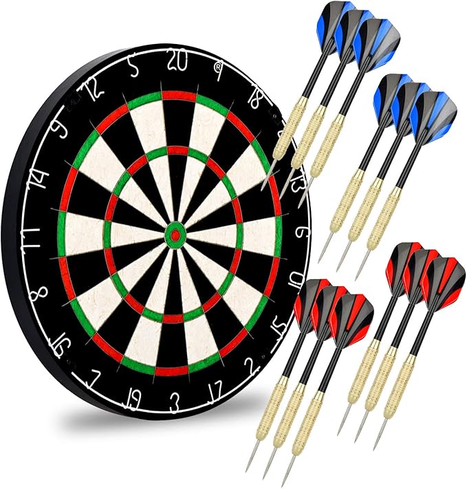 LinkVisions Dartboard with Staple-Free Bullseye, 18g Steel Tip Darts Set,12 Steel Tip Darts 18g, Dartboard Mounting Kits Included-StrideForce Fitness