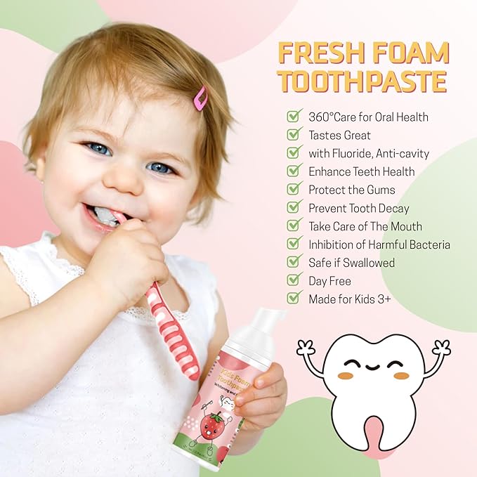 Foam Toothpaste Kids 2PCS, Toddler Toothpaste Cavity Protection, Clean and Whitening, 360ºCare, Portable, Kids Foam Toothpaste with Fluoride for Electric & U-Shape Toothbrushes（Strawberry）
